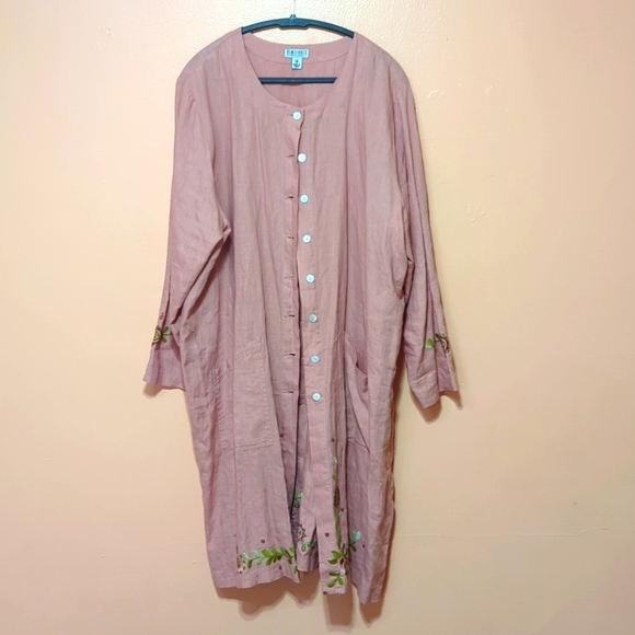 Democracy Linen Coatigan Tunic Buttons Back Split Embroidered Lagenlook 1x - Picture 1 of 11